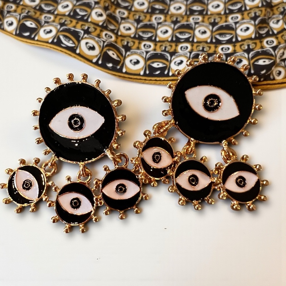 Chic Black and Gold Toned Evil Eye Dangling Earrings - Picture 8 of 17